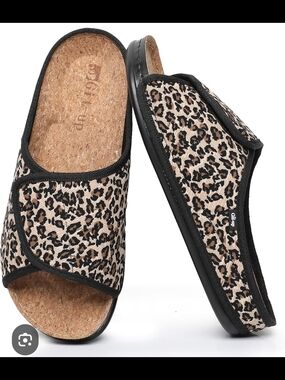 Leopard Print Cork Footbed Slide Slippers - Black Trim